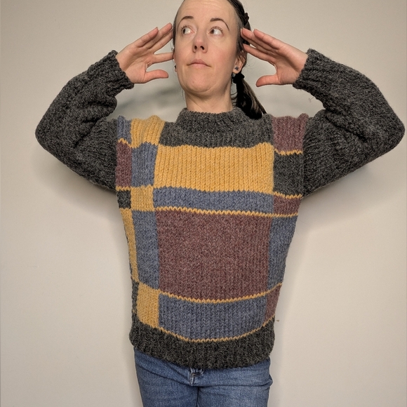 Cabincore M/L Patchwork Fisherman Style Knit Crewneck Size Medium/Large - Picture 3 of 17